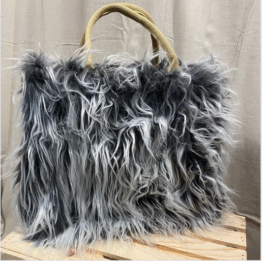 Gray and White Furry Tote Bag