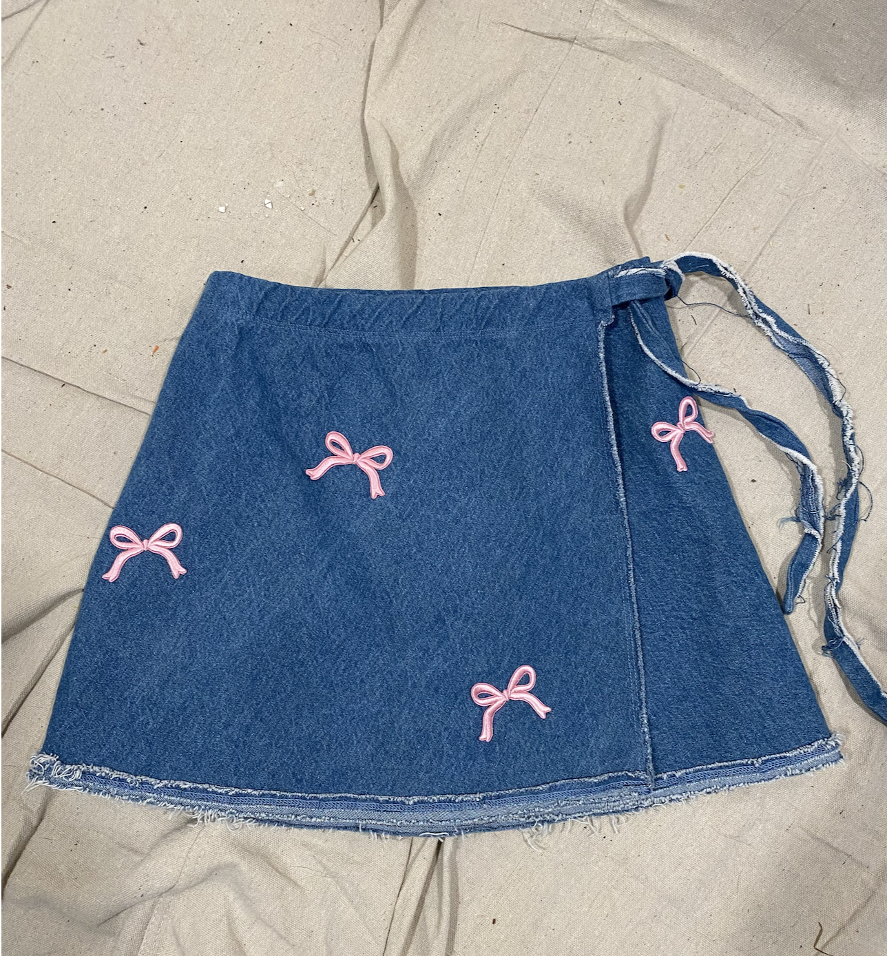 Denim Wrap Skirt with Pink Bows