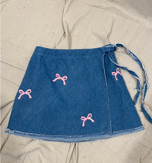 Denim Wrap Skirt with Pink Bows